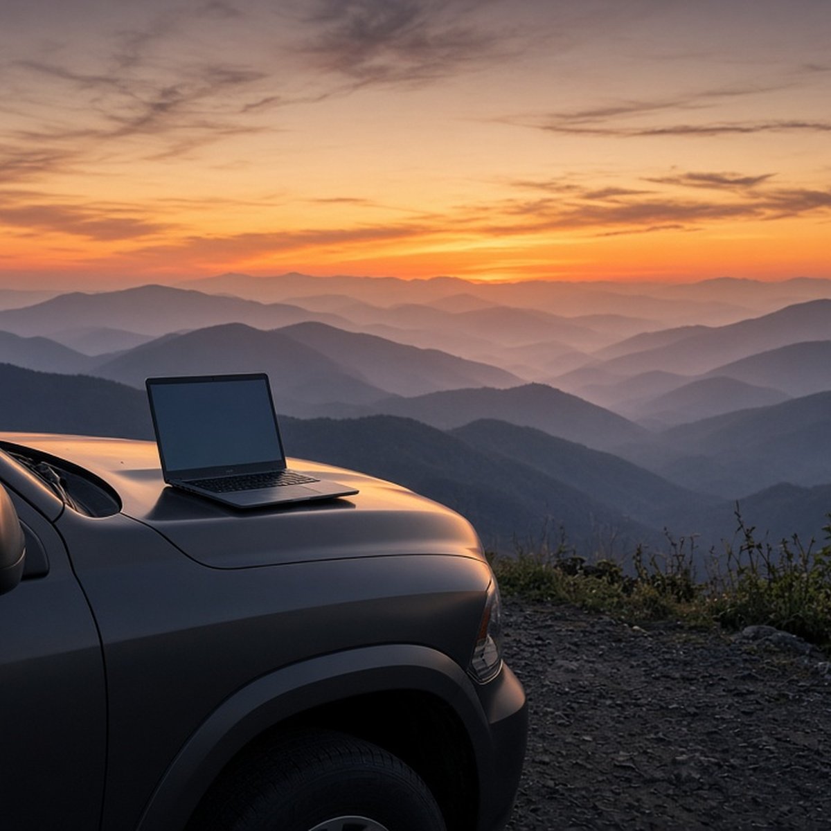 Truck and laptop at a mountain overlook at sunset