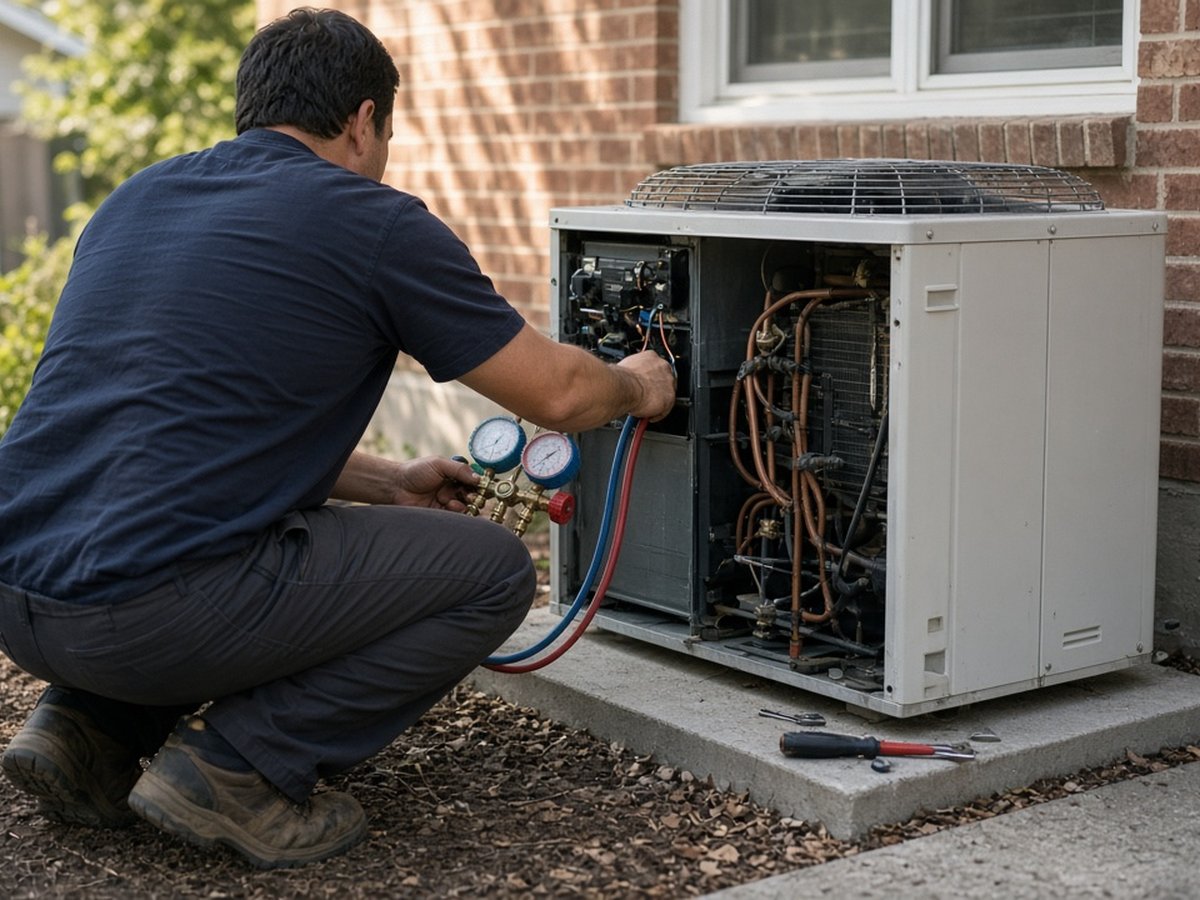 HVAC technician servicing an outdoor AC unit