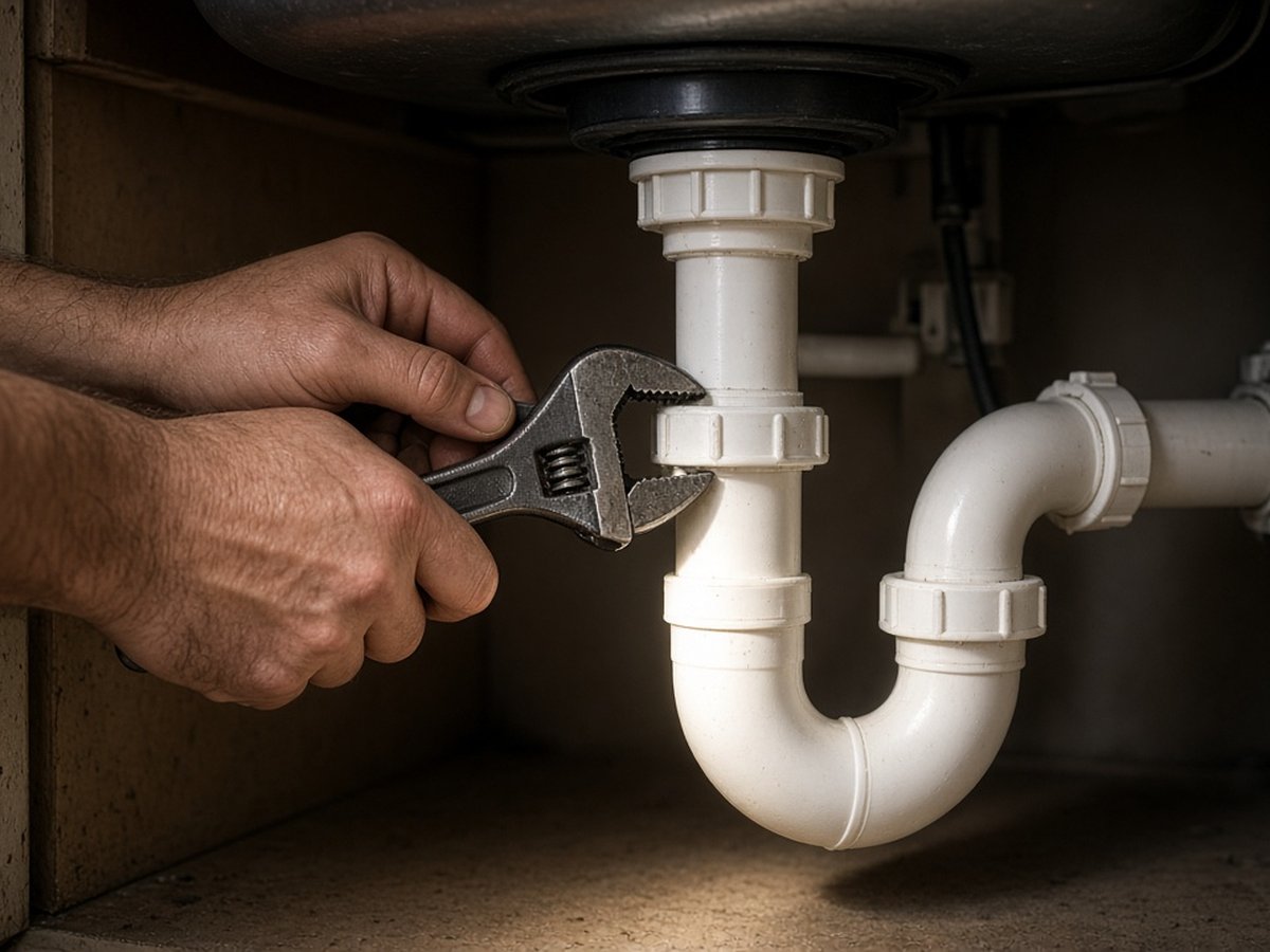 Plumber tightening a sink drain