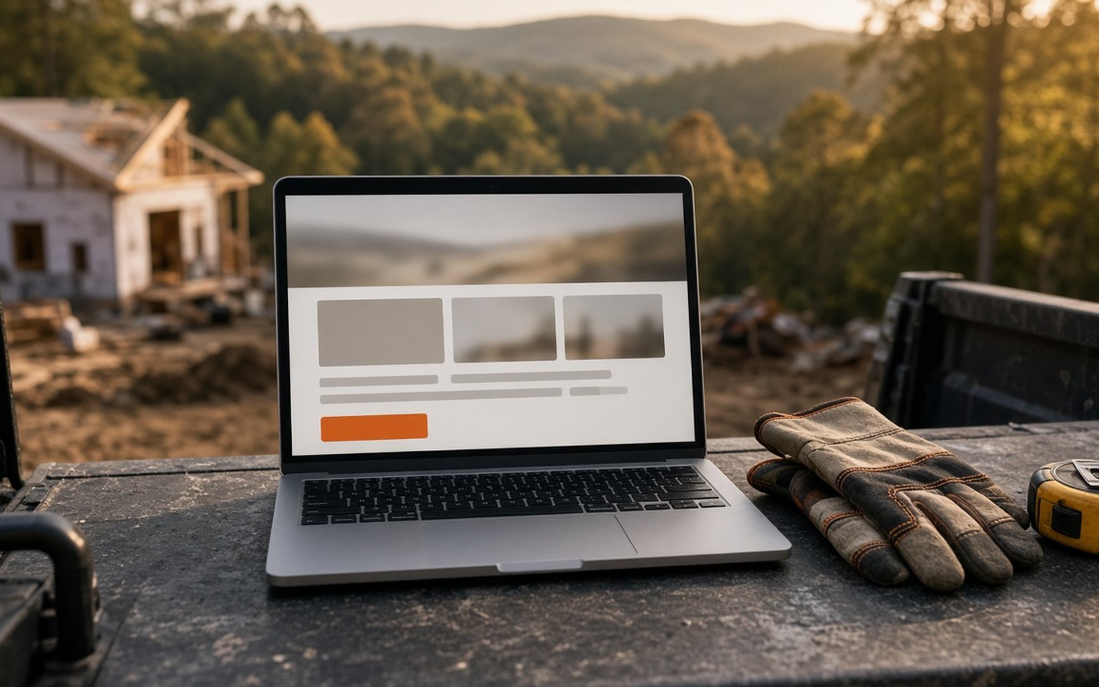Laptop with a contractor website on a truck tailgate
