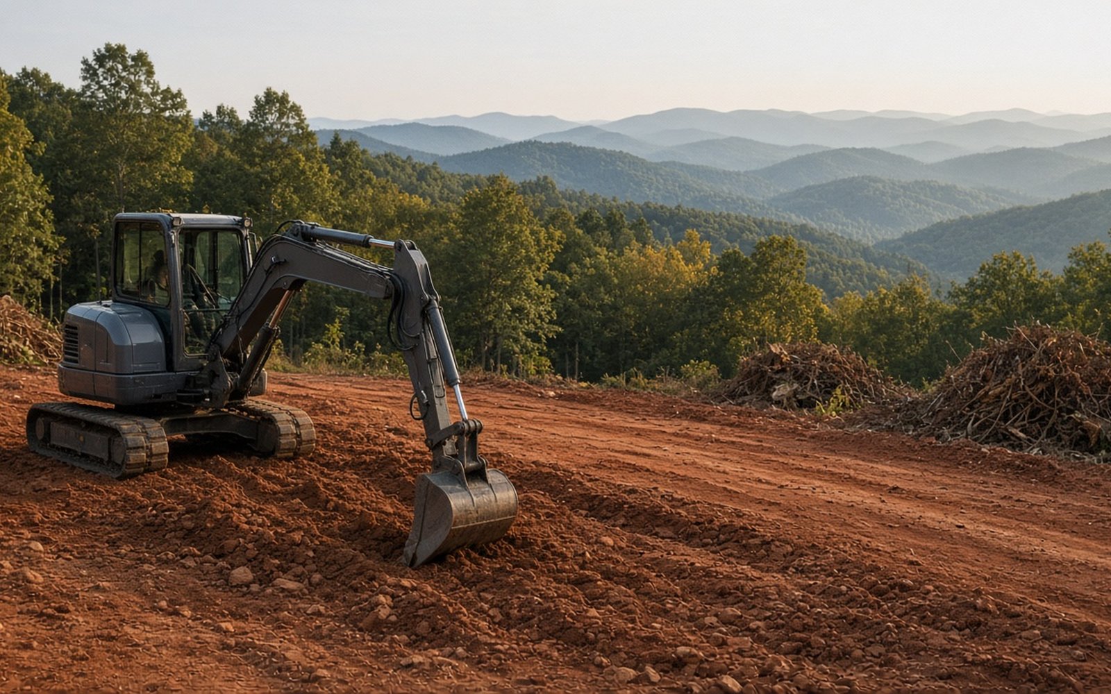 Excavator grading a cleared hillside lot